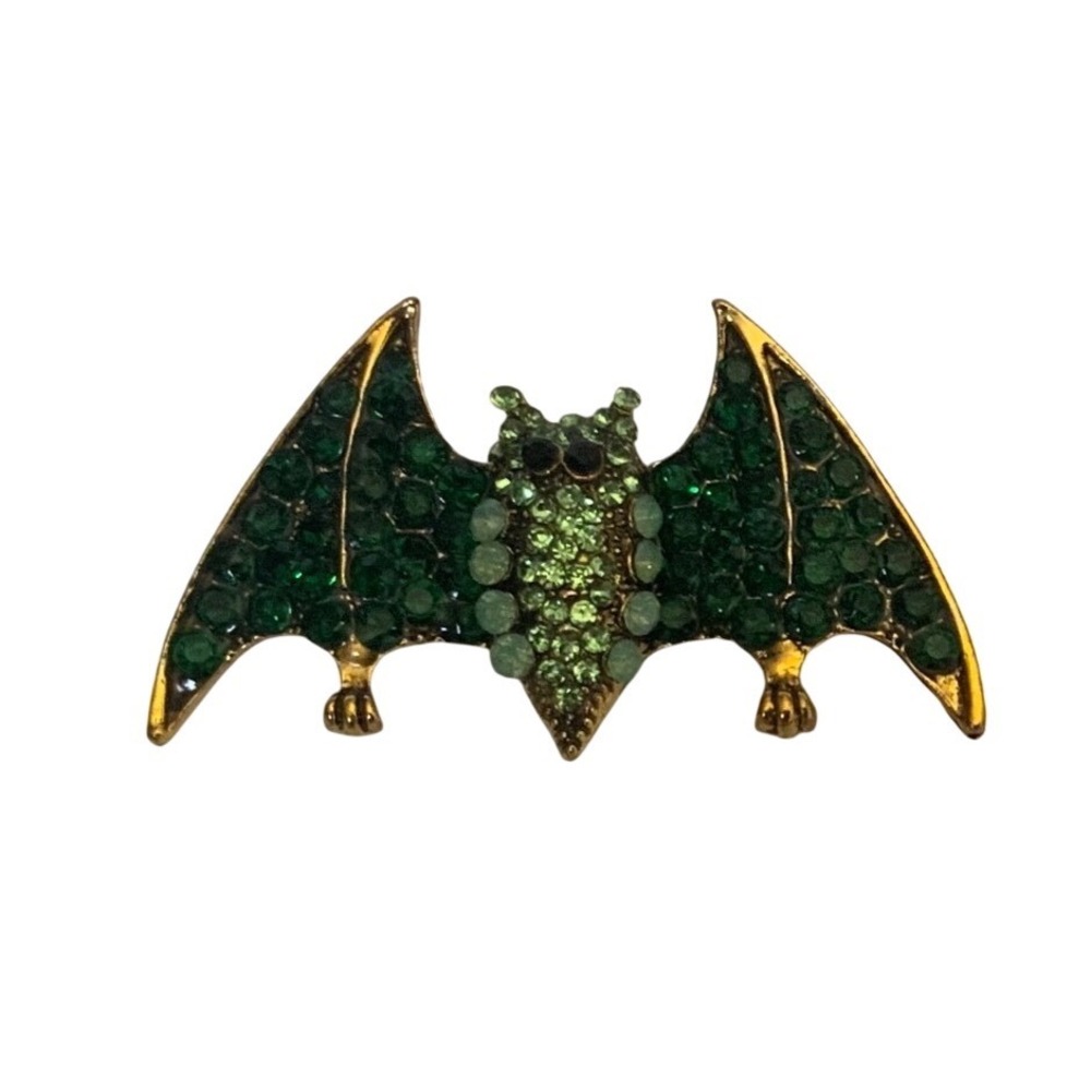 Green Rhinestone Bat Brooch Gold Tone Halloween Gothic Jewelry Pin
